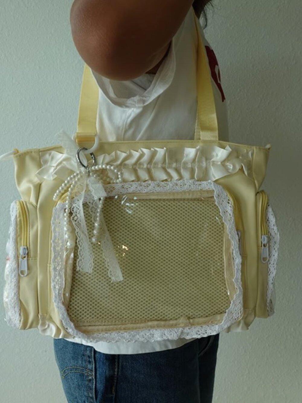 CREAM Lace Ita Bag Crossbody, Kawaii Pearl Bow Shoulder Bag Y2K Messenger Itabag